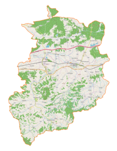 Mapa konturowa powiatu ropczycko-sędziszowskiego, na dole znajduje się punkt z opisem „Wielopole Skrzyńskie”