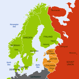 Kartenn Norzh Europa gant Finland, Sveden, Norvegia ha Danmark lakaet evel broioù neptu. Soviediz o doa bazennoù milourel en Estonia, Latvia ha Lituania.