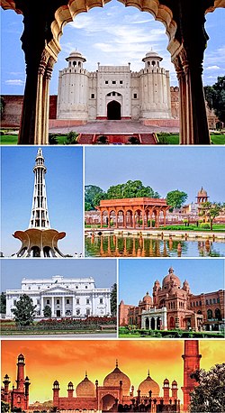 Clockwise from the top: Lahore Fort, Shalimar Gardens, Lahore Museum, Badshahi Mosque, Quaid-e-Azam Library, Minar-e-Pakistan.