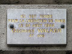 Plaque rendant hommage au résistant Georges Walker, 397 bis, rue de Vaugirard.