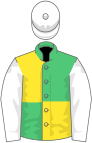 Emerald green and yellow quartered, white sleeves and cap