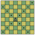 Example board showing the possible moves of a bishop: any number of squares in any diagonal direction.