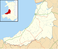 Mapa konturowa Ceredigion, u góry nieco na prawo znajduje się punkt z opisem „Park Avenue”