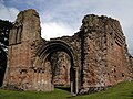 Western end of remains of the church, showing the main west portal and the still-massive northern support for the tower.