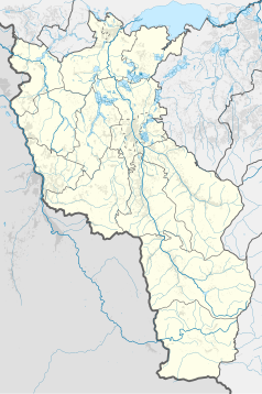 Mapa konturowa powiatu cieszyńskiego, na dole po prawej znajduje się punkt z opisem „źródło”, natomiast na dole nieco na prawo znajduje się punkt z opisem „ujście”