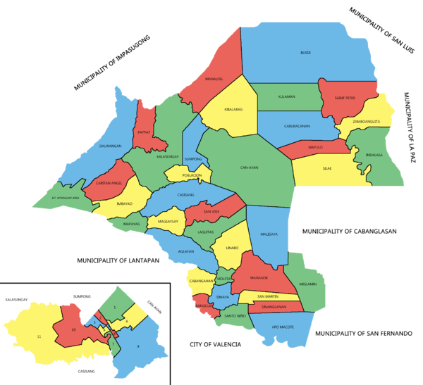 Political map of Malaybalay City showing the 46 barangays under its jurisdiction. Poblacion district is enlarged below left.