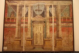 Fresco of architecture with cental door and columns, from Boscoreale, Villa of P Fannius Synistor, triclinium (Roman formal dining room) (48452225511).jpg