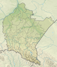 Mapa konturowa województwa podkarpackiego, blisko prawej krawiędzi znajduje się punkt z opisem „źródło”, natomiast blisko centrum na prawo znajduje się punkt z opisem „ujście”