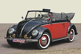 Volkswagen Typ 1 Karmann Cabriolet from 1950 with open roof, front and left side