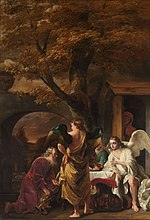 Abraham Receiving the Three Angels label QS:Len,"Abraham Receiving the Three Angels" label QS:Lpl,"Abraham przyjmujący trzech aniołów" label QS:Lnl,"Abraham ontvangt de drie engelen" . 1660-1665. oil on canvas medium QS:P186,Q296955;P186,Q12321255,P518,Q861259 . 404 × 282.5 cm (13.2 × 9.2 ft). 's-Hertogenbosch, Noordbrabants Museum.