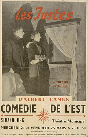 Affiche de la pièce jouée en mars 1956 au Théâtre municipal de Strasbourg par la Comédie de l'Est, au cours d’une tournée de 55 représentations[5].