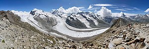 Thumbnail for File:Wide view to Gornergletscher, Monte Rosa and Matterhorn, 2012 August.jpg