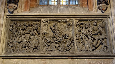 Volckamer-Epitaph von Veit Stoß in der Sebalduskirche, 1499 (darüber Stifterwappen Volckamer/Mendel)