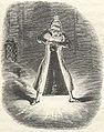 Scrooge extinguishes the first of the three spirits.