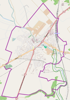 Mapa konturowa Braniewa, w centrum znajduje się punkt z opisem „Miejski Ogród zoologiczny w Braniewie”