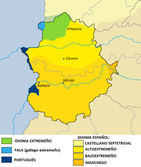 Mapa ukazující jazyky, kterými se tradičně mluvilo v Extremaduře. Extremadurština je zde vyznačena zeleně, zatímco střední a nízké dialekty extremadurštiny jsou zde vyznačeny pouze jako dialekty španělštiny.