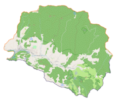 Mapa konturowa gminy Szczawnica, blisko dolnej krawiędzi nieco na prawo znajduje się punkt z opisem „Wysokie Skałki”