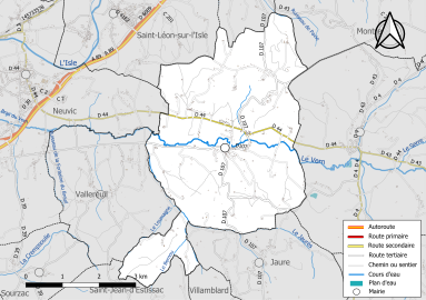 Carte en couleur présentant le réseau hydrographique de la commune