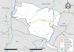 Carte en couleur présentant le réseau hydrographique de la commune