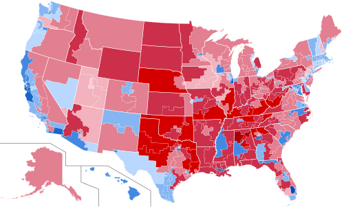 Results of election by congressional district, shaded by winning candidate's percentage of the vote