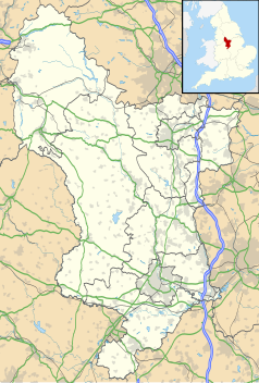 Mapa konturowa Derbyshire, blisko dolnej krawiędzi znajduje się punkt z opisem „Woodville”