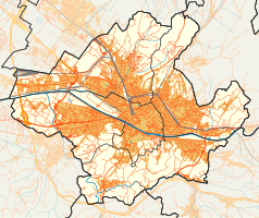 Mapa konturowa Florencji, blisko centrum na dole znajduje się punkt z opisem „Kościół Santa Maria del Carmine we Florencji”