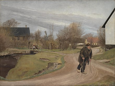 L.A. Ring, Forår i Hals, 1892, Statens Museum for Kunst. Krøblingen på billedet kan tolkes både som lokale Kræn Kyhlen og som Tordenkalven[46].