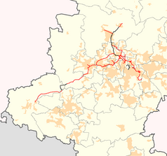 Mapa konturowa górnośląskich kolei wąskotorowych, u góry nieco na prawo znajduje się punkt z opisem „Strzybnica Wąskotorowa”