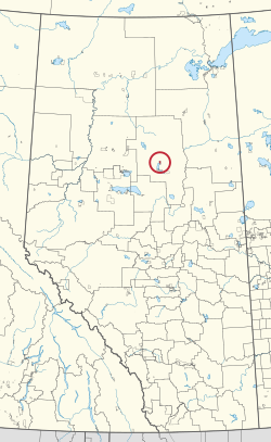 A map of the province of Alberta showing 80 counties and 145 small Indian reserves. One is highlighted with a red circle.