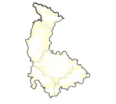 Mapa konturowa kraju ołomunieckiego, blisko centrum na lewo znajduje się punkt z opisem „Lukavice”