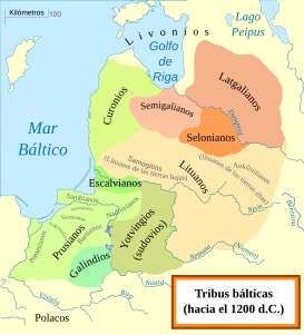 Distribución de los pueblos bálticos hacia el año 1200