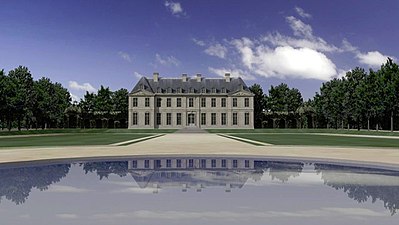 Vue du château de Bagnolet depuis le bassin circulaire du milieu du parterre.