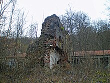 Des ruines de murs formant un massif pyramidal au milieu de la végétation jaunie en hiver.