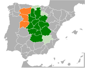 alt=Interpretación de Castilla sobre la división territorial de España de 1833:      Provincias vinculadas tradicionalmente a Castilla,[10]​[11]​[12]​      Otras provincias ligadas a Castilla en distintos proyectos y períodos históricos      Provincias que se proyectaron unir en el período previo al Estado autonómico.[13]​[n. 1]​