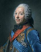 Portrait en buste d'un homme portant perruque et veste bleue.