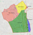 Répartition du territoire communal de Charonne entre les quartiers parisiens et les communes limitrophes, notamment Bagnolet.