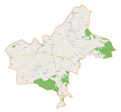 Mapa konturowa gminy Szczurowa, blisko lewej krawiędzi znajduje się punkt z opisem „Uście Solne”