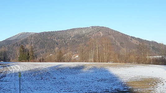 Der Zeller Berg gesehen aus südwestlicher Richtung von Brandstätt im Ruhpoldinger Talkessel. Hinten links der Zinnkopf.