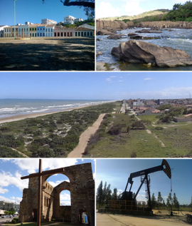 Diversas fotos sobre São Mateus: Porto, Cachoeira da Jararaca, Praia de Guriri, Igreja Velha e uma bomba petrolífera.