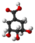 Fórmula estructural de l'àcid shikímic en 3D i amb codi de colors pels diferents àtoms