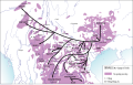 Image 30Map showing linguistic family tree overlaid on a geographic distribution map of Tai-Kadai family. This map only shows general pattern of the migration of Tai-speaking tribes, not specific routes, which would have snaked along the rivers and over the lower passes. (from History of Thailand)