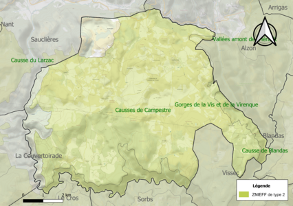 Carte des ZNIEFF de type 2 sur la commune.