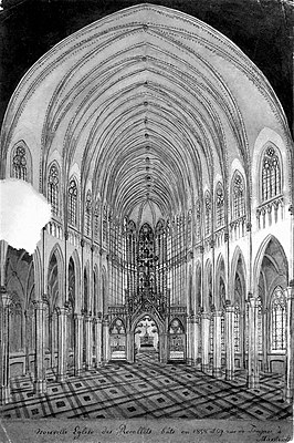 Interieur van de Derde Franciscanenkerk met o.a. het gebeeldhouwde doksaal (Philippe van Gulpen, ca. 1860)