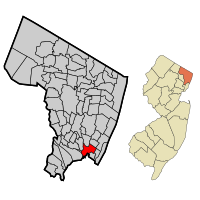 Location of Ridgefield in Bergen County highlighted in red (left). Inset map: Location of Bergen County in New Jersey highlighted in orange (right).