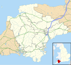 Mapa konturowa Devonu, blisko centrum na prawo znajduje się punkt z opisem „Met Office”