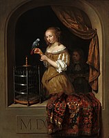 Jonge vrouw in venster, een papegaai voerend 1666, olieverf op paneel, 46 * 37 cm, Wuppertal, Von der Heydt-Museum