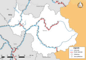 Carte du réseau routier national (autoroutes et routes nationales) dans le département de la Savoie