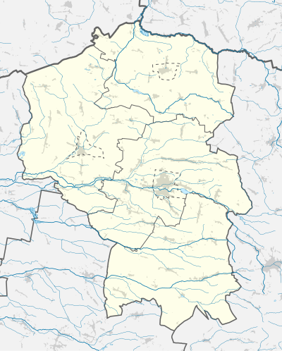 Mapa konturowa powiatu kluczborskiego, u góry nieco na prawo znajduje się punkt z opisem „Kluczów”, natomiast na dole po prawej znajduje się punkt z opisem „Kamieniec”