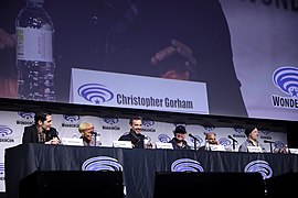 David Dastmalchian, Tati Gabrielle, Christopher Gorham, Sam Liu, Christopher Berkeley & Jase Ricci (52782913465).jpg