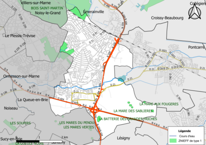 Carte des ZNIEFF de type 1 de la commune.